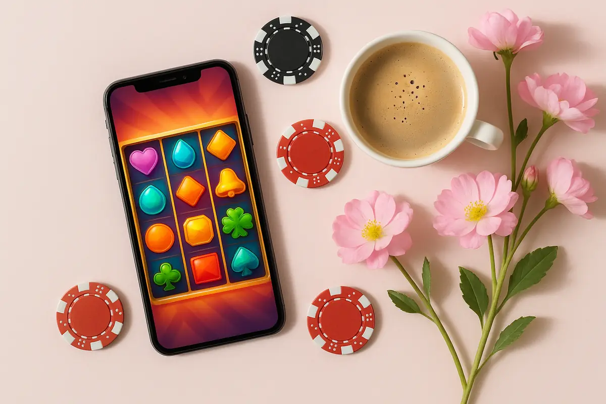 Phone with a bright slot game, chips and flowers